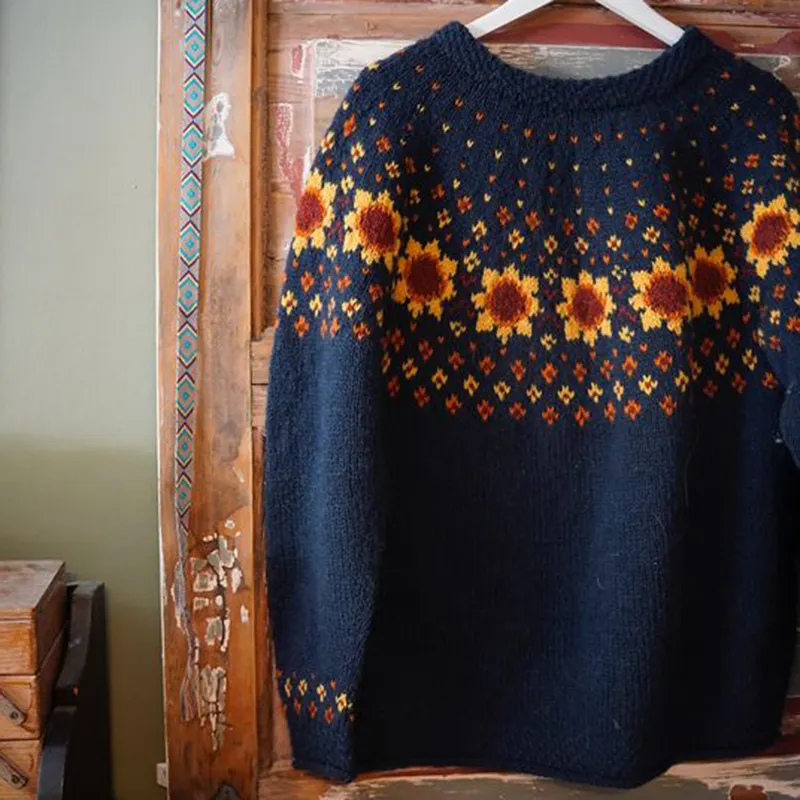 Vintage Icelandic Pokhara Knit Jacquard Warmth Crew Neck Sweater Unisex