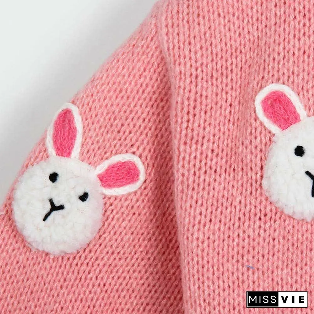 Cartoon Bunny Embroidery V-neck Knit Cardigan Sweater