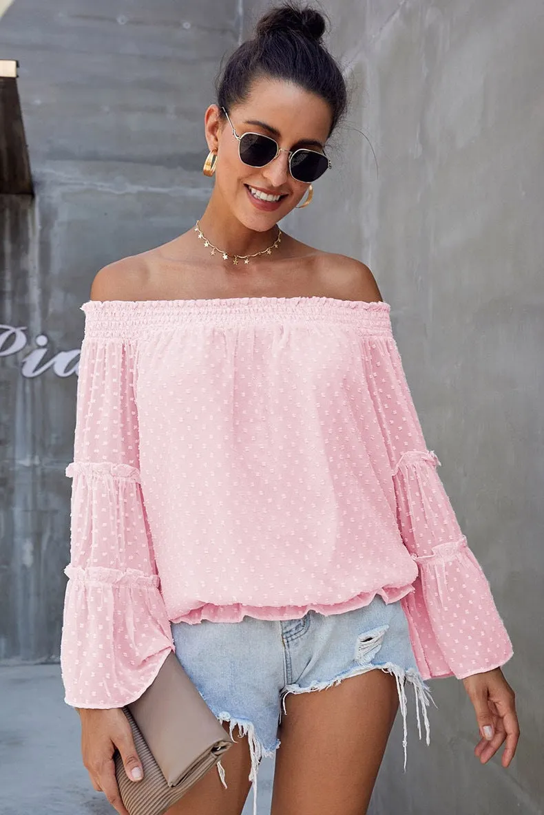 Brownm Long Dot Sleeve Chiffon Off-shoulder Off-the-neck Hollow-out Loose Top