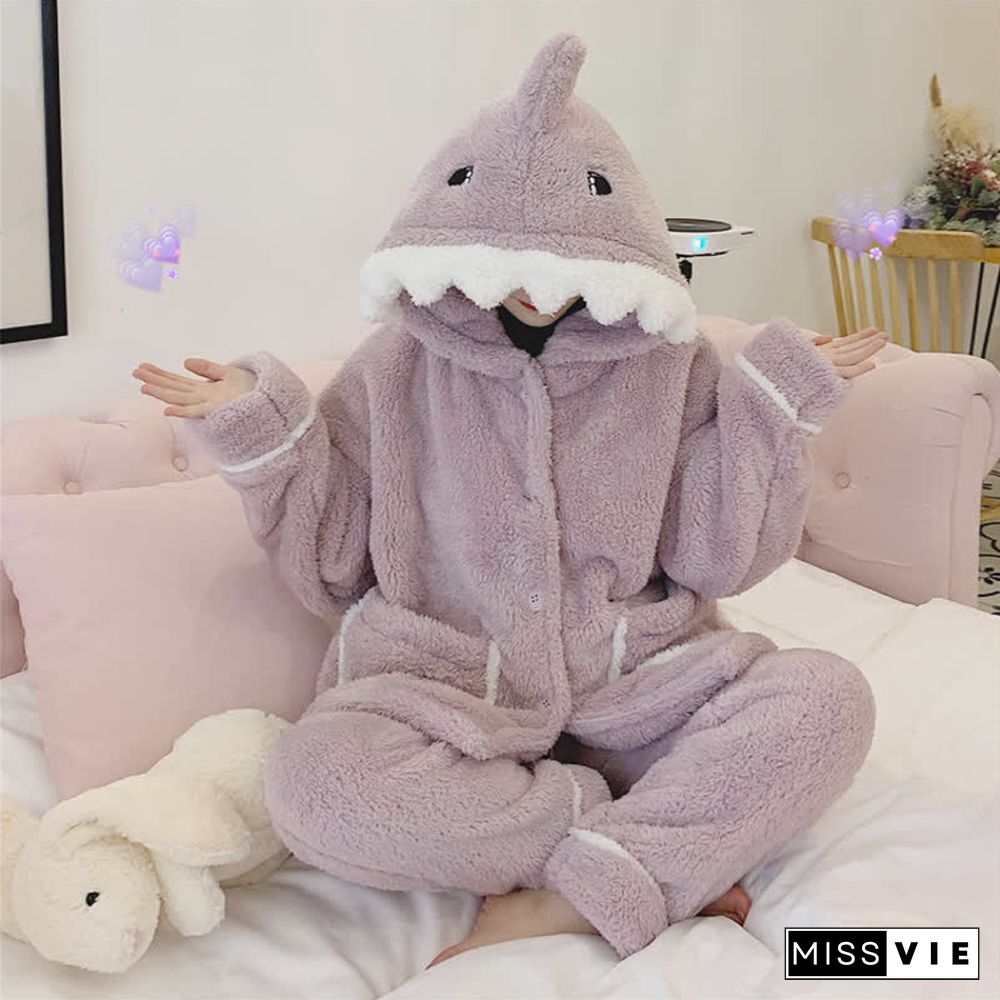 Lovely Cartoon Shark Plush Hooded Pajamas Set