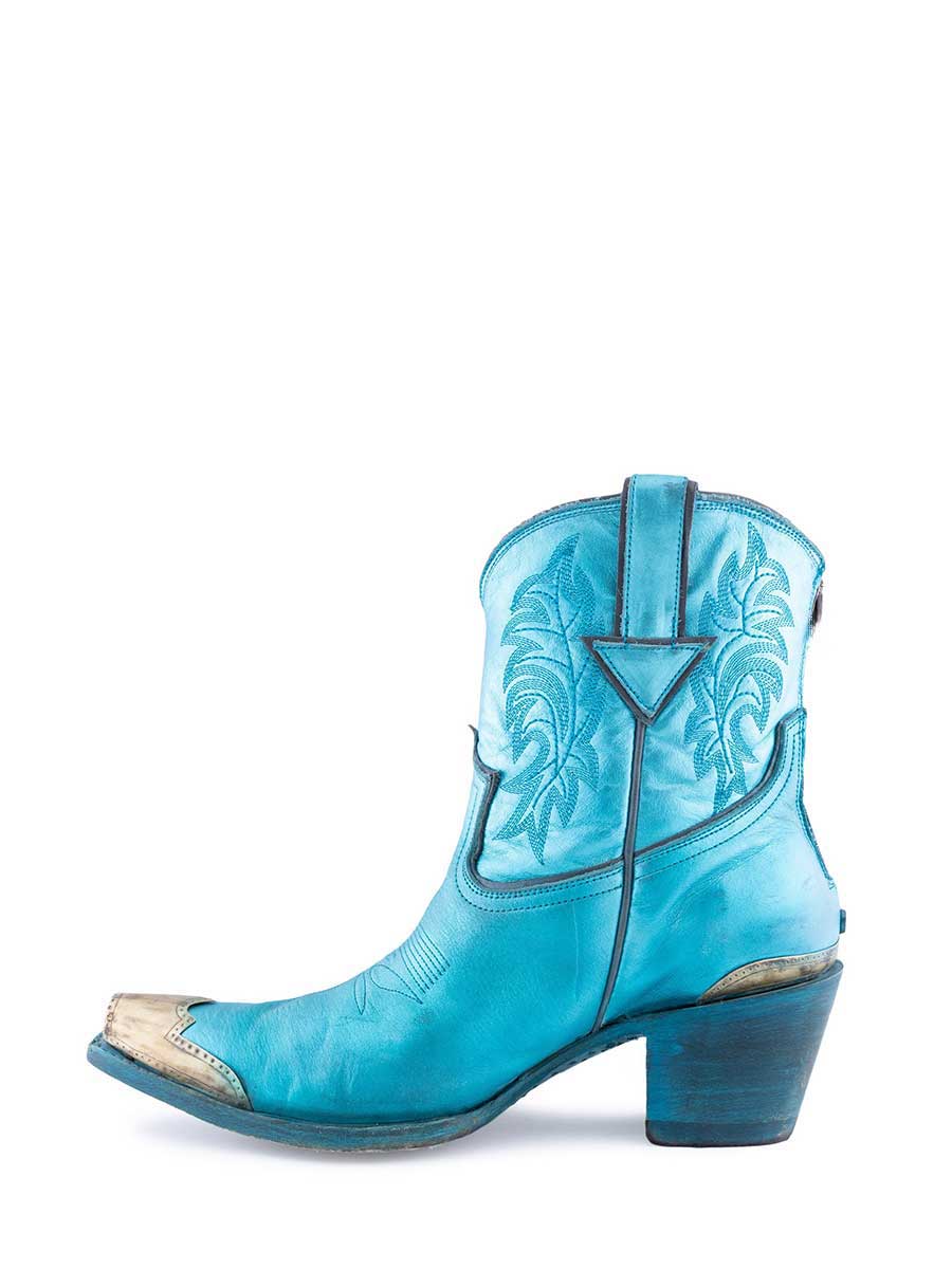 Turquoise Shiny Vegan Leather Silver Snip Toe Embroidered Side Fringe Cowgirl Ankle Boots