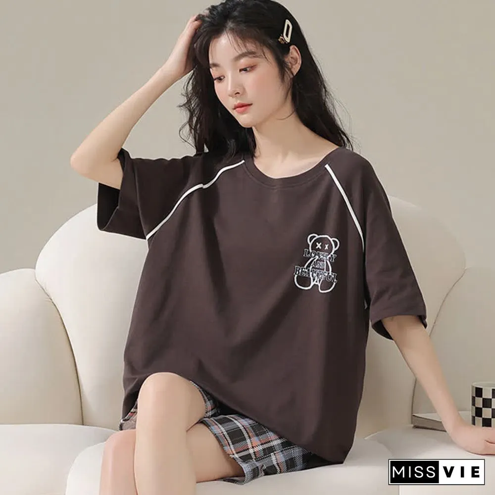 Cartoon Bear Print Summer Cotton Pajamas Set