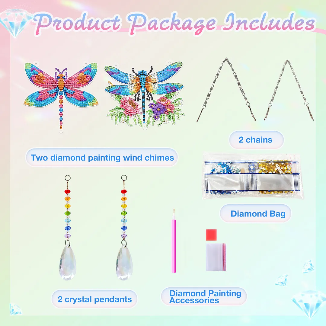 2Pcs Dragonfly DIY Acrylic Diamond Painting Art Wind Chimes with Crystal Pendant Diamond Art Hanging Pendant Double-Sided for Adults Beginners Gift Home Garden Decor