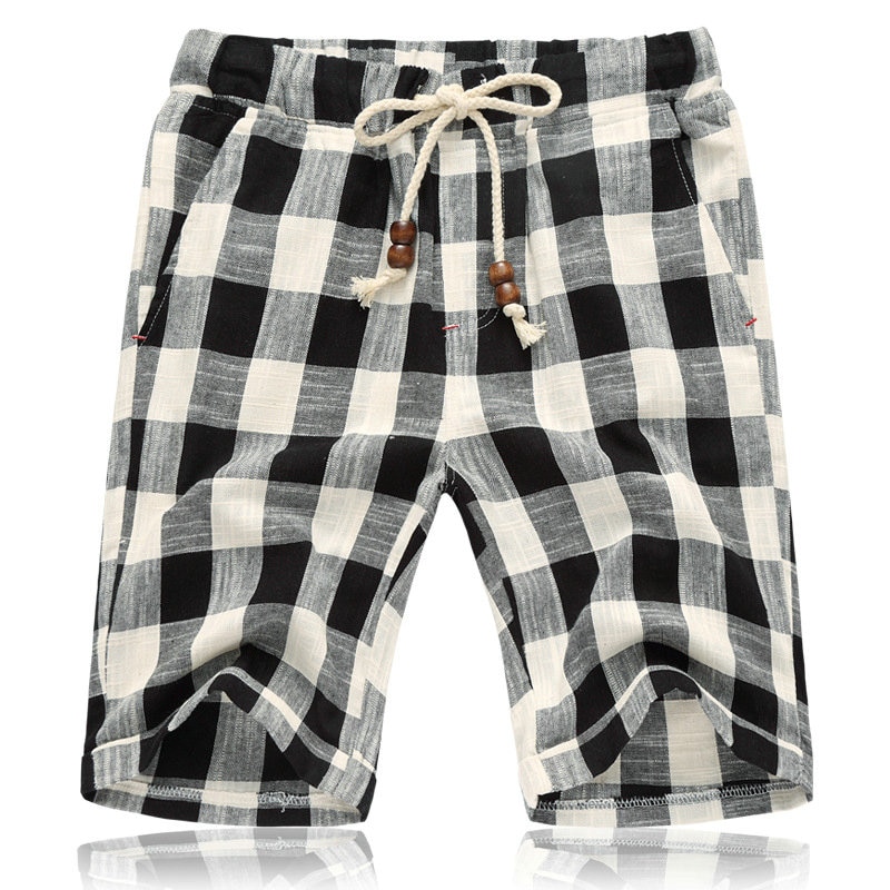 summer New Cotton Linen Casual Shorts Men Grid Hot Mens Bermudas Shorts Comfortable Male Beach Shorts