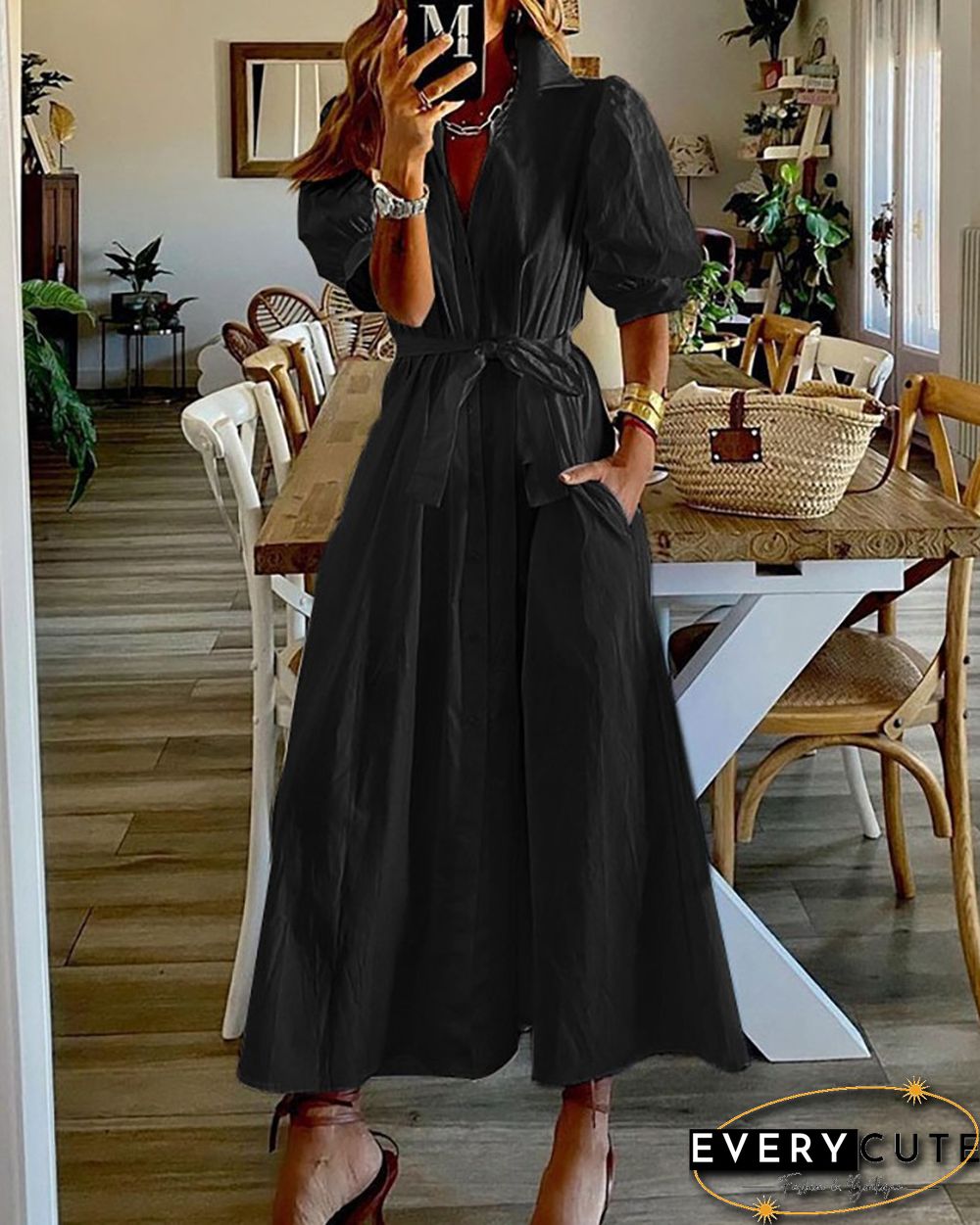 Puff Sleeve Button Front Tied Detail Shirt Dress