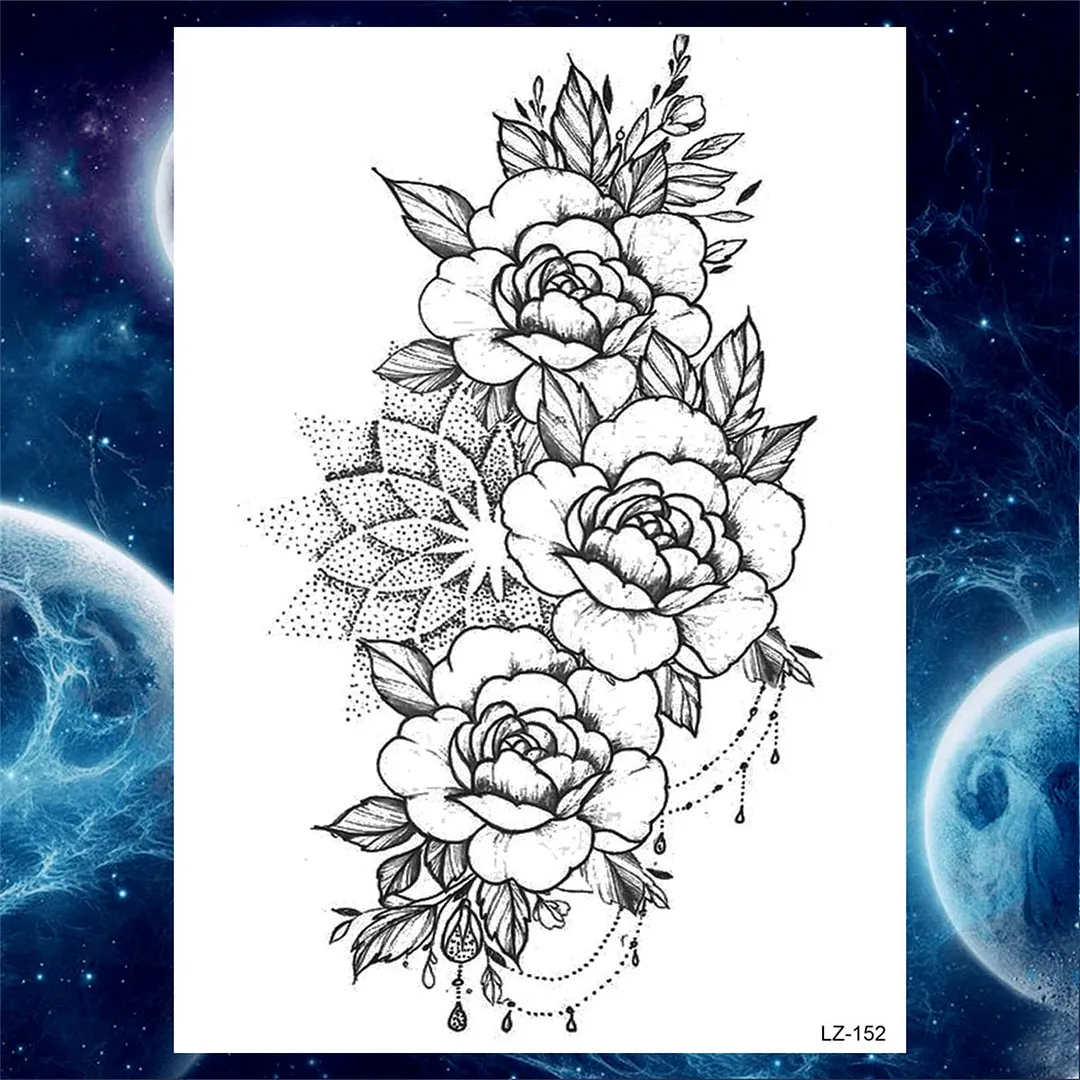 Black Rose Flower Temporary Tattoos For Women Girls Floral Peony Tattoo Sticker Dahlia Fake Anemone 3D Arm Tatoos Self Adhesive