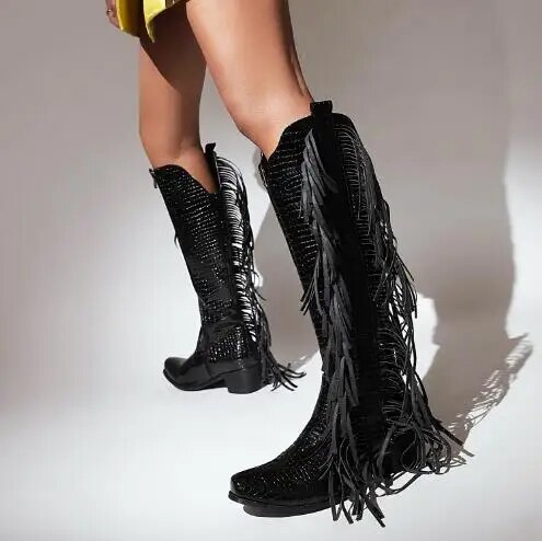 VCSHOES Red Black Solid Color Leather Pointed Toe Low Heels Tassel Knee High Boots Women Cowgirl Square Heel Zipper Side Long Botas