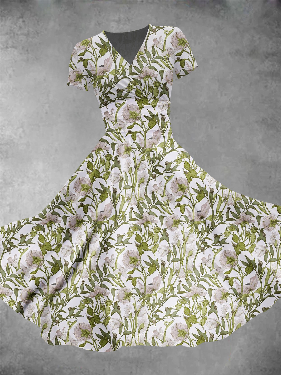 White Floral And Garden Insects Seamless Repeat Pattern Printed Women's Maxi Dress