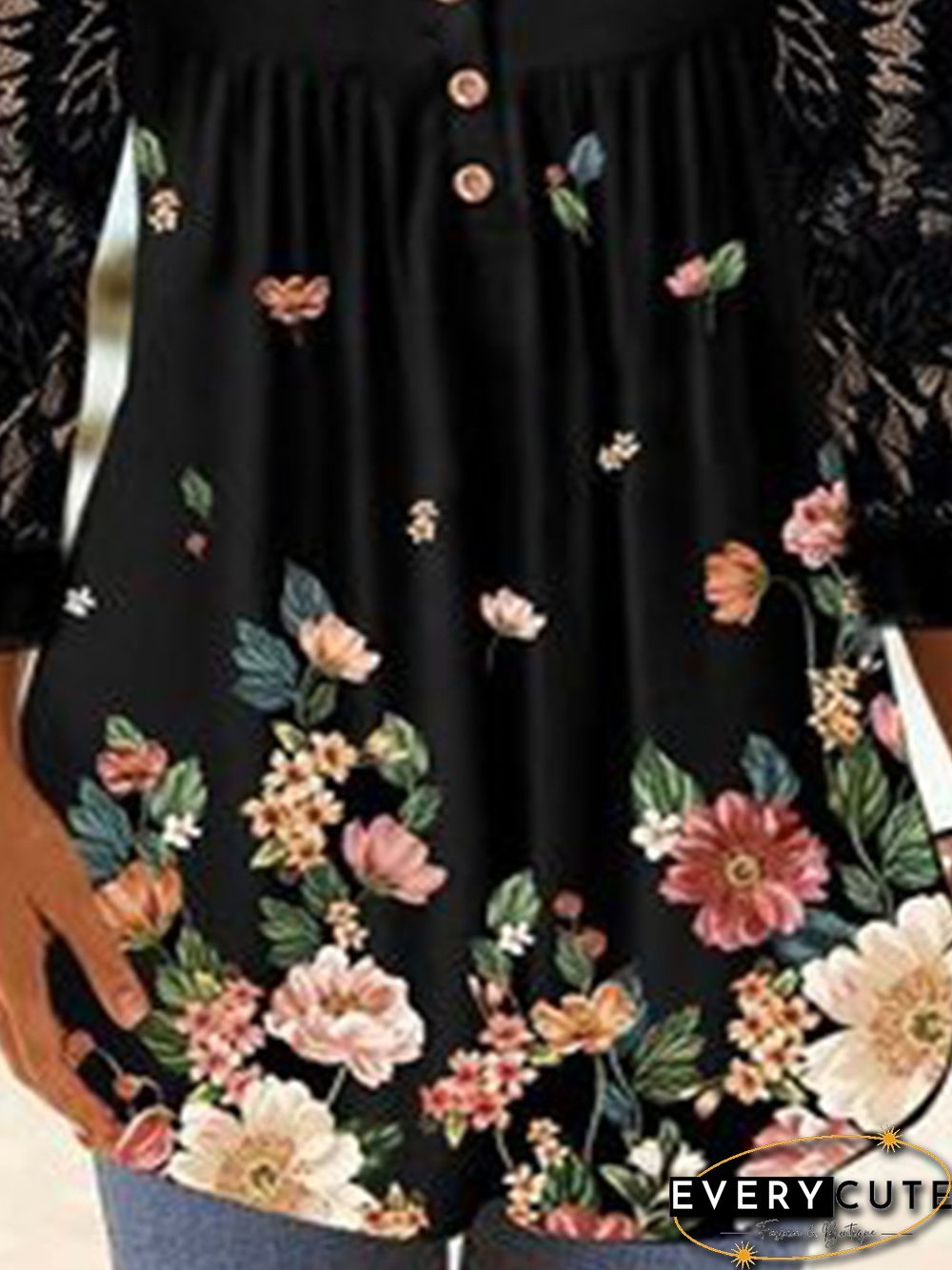 Lace 3/4 Sleeves Floral V Neck Buttoned Plus Size Casual Tops