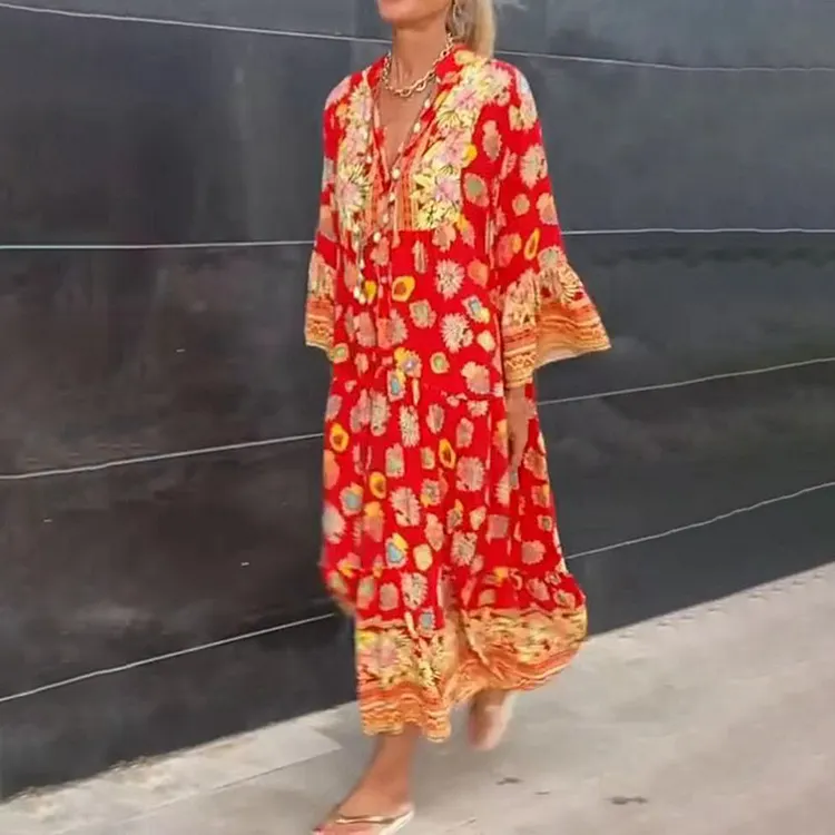 Floral Printed Long Sleeves V-Neck Maxi Dresses