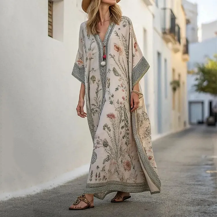 Long Sleeve Kaftan Linen Vacation Maxi Dress