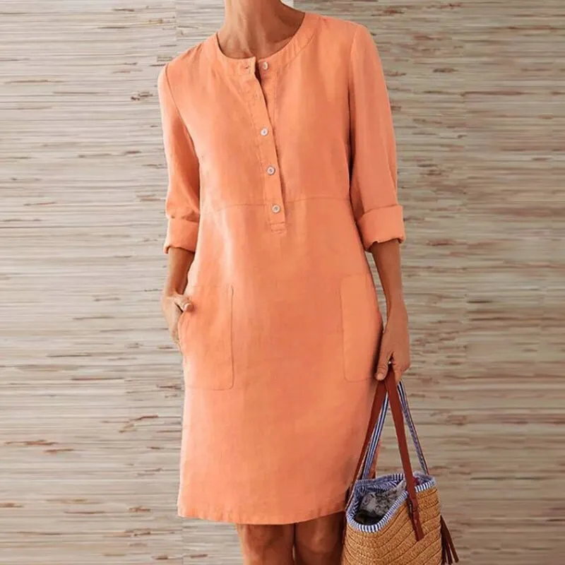 Billionm Color Button O Neck Cotton Linen Summer Dress Women Vintage Short Sleeve Pocket Knee Dress Casual Loose Plus Size Dresses