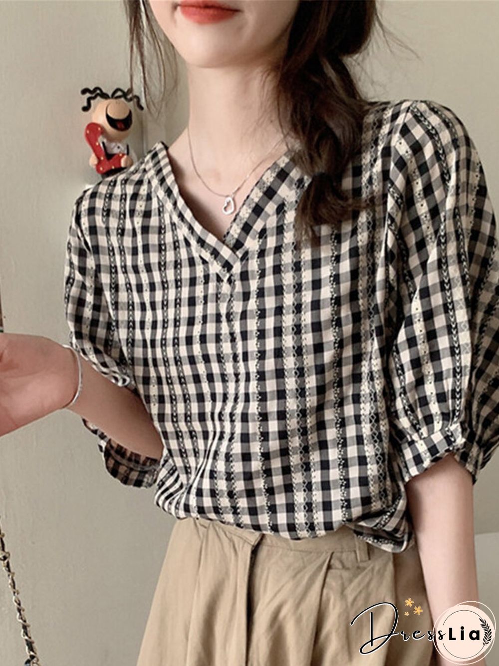 Check Print V-neck Loose Short Sleeve Women Blouse