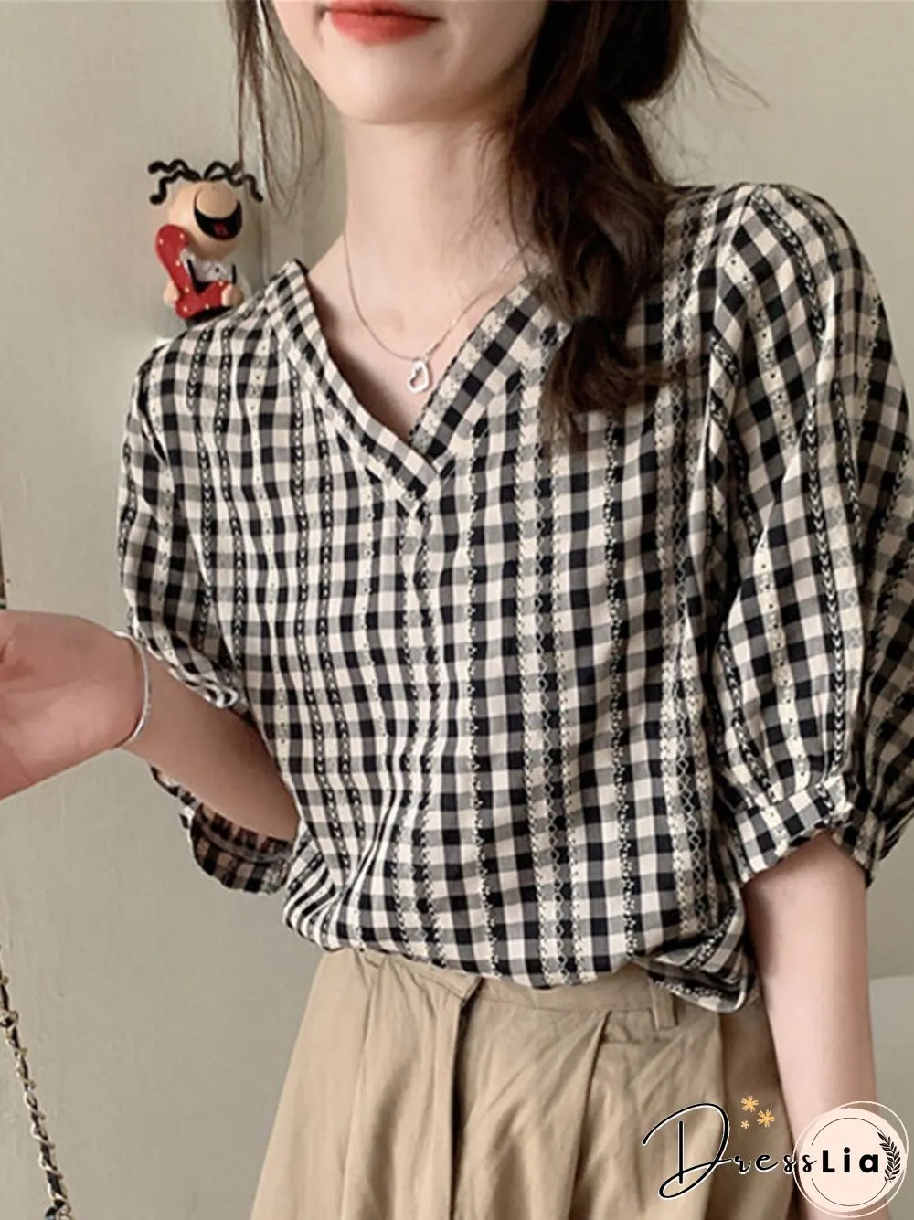 Check Print V-neck Loose Short Sleeve Women Blouse