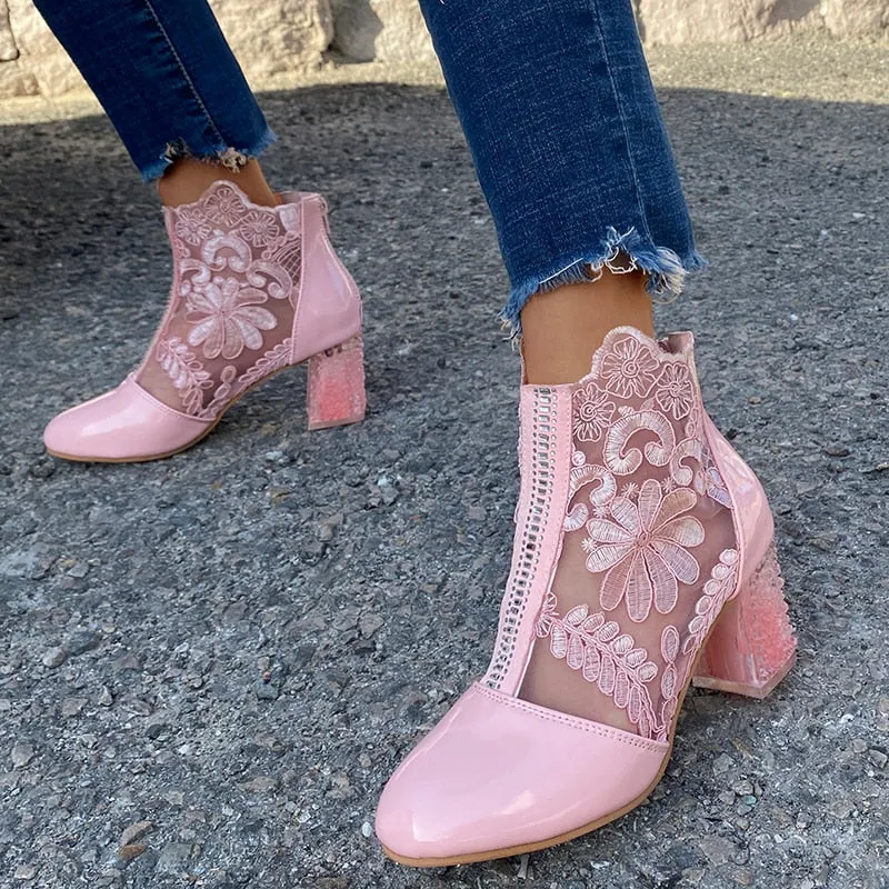 2021 New Woman Mesh Black Ankle Boots for Women Summer Square Heels Boots Sandal Ladies Round Toe Lace Boots