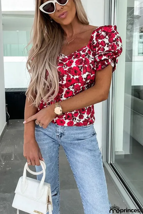 Floral Puff Sleeve Smocked Back Top