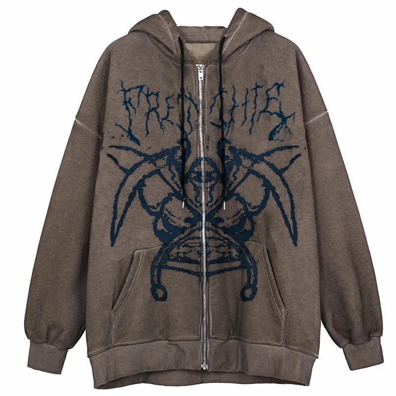 Gothic Hooded Jacket Portrait Demon Print Long Sleeve Zip-up Top Coat Streetwear with Pockets Y2K Hip Hop Men Women Sweatshirt