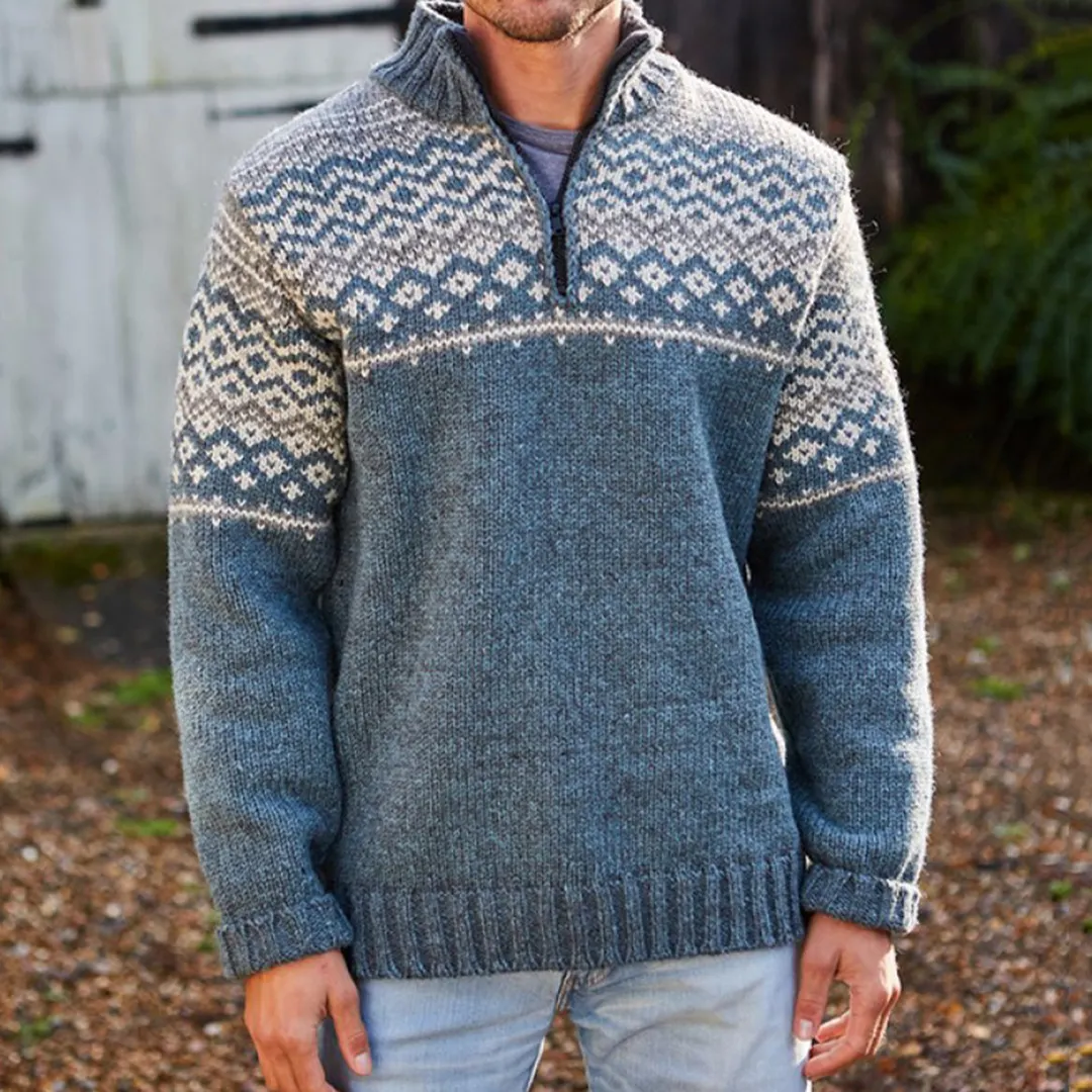 Mens Vintage Fair Isle Knitted Half Zip Collar Sweater