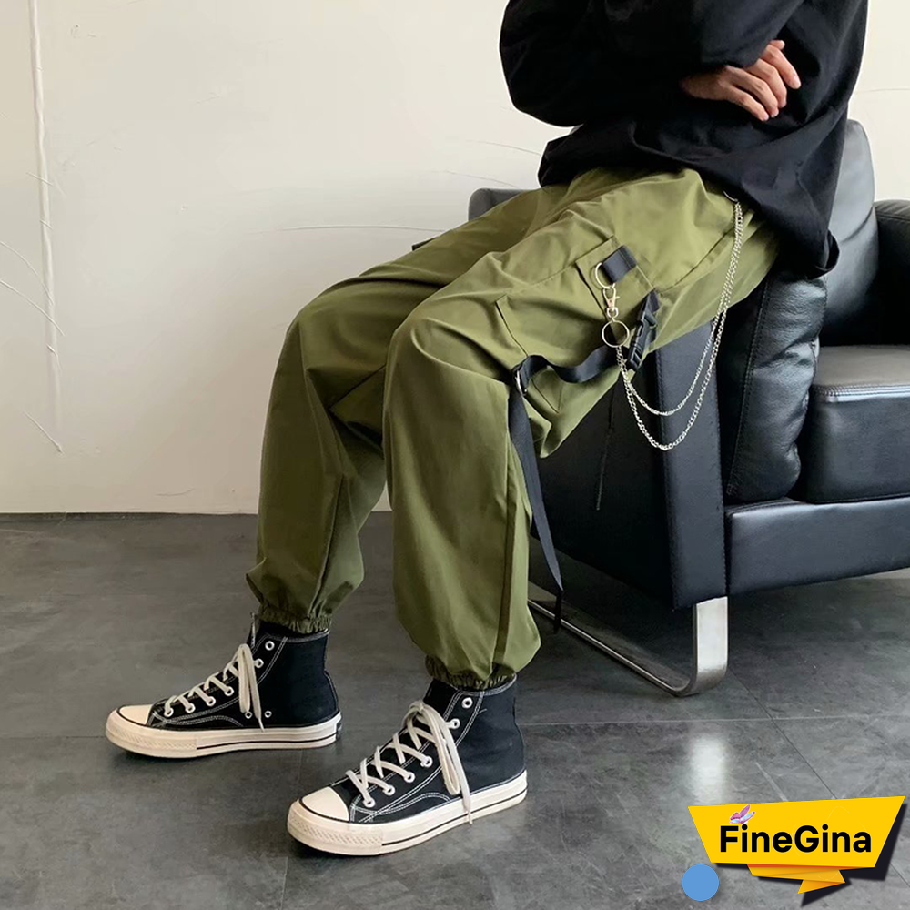New Men's Side Pockets Cargo Harem Ribbons Black Hip Hop Casual Male Joggers Trousers Fashion Streetwear Pants