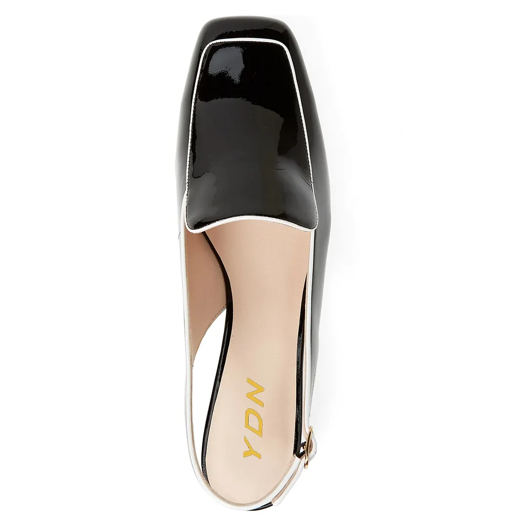 Shiny Black Patent Leather Block Heel Slingback Formal Loafers 