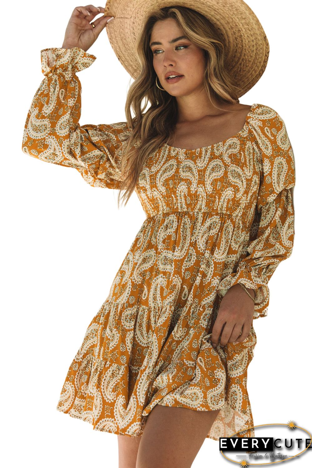 Yellow Boho Paisley Long Sleeve Floral Dress