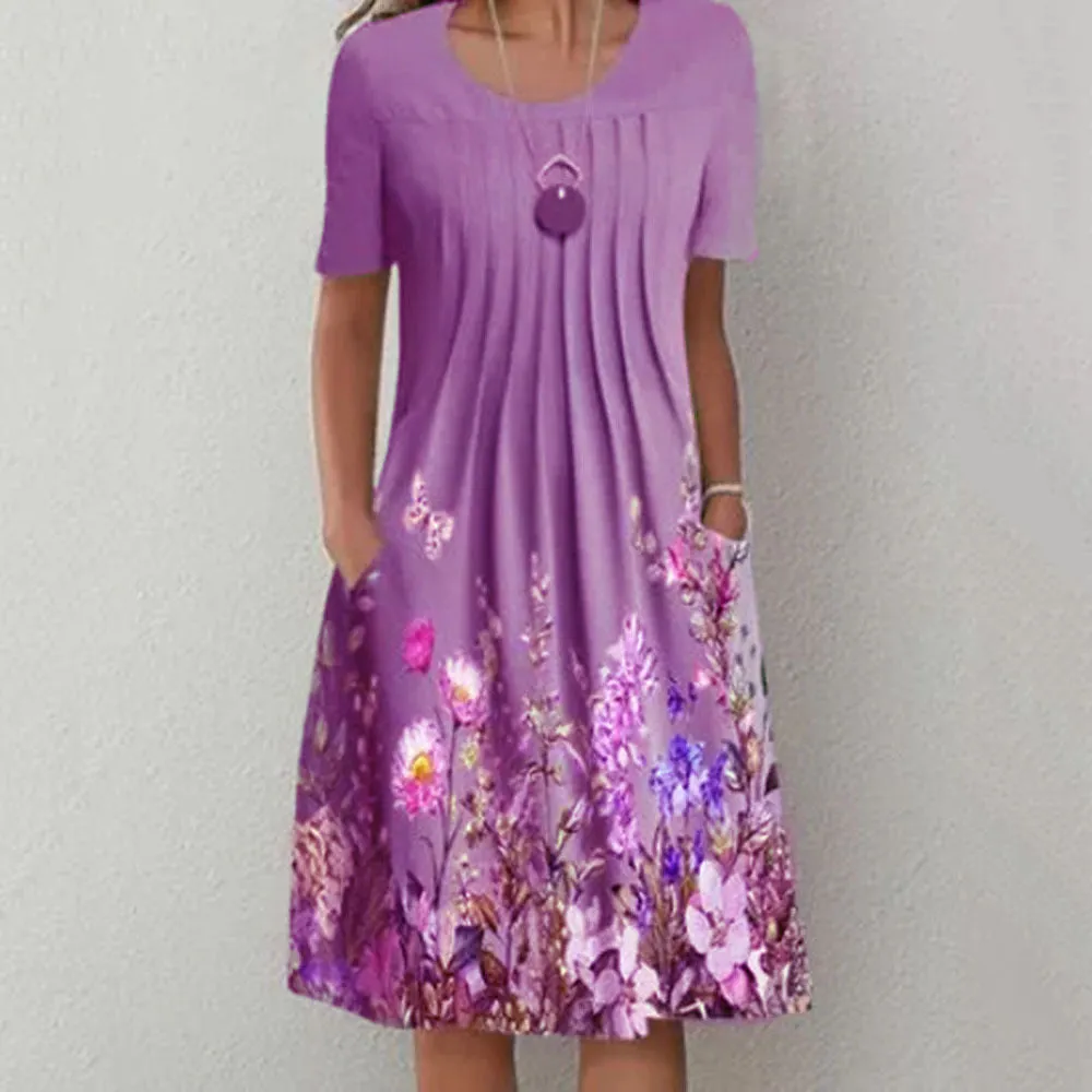 Brownm Floral Print Round Neck Pocket Mid-length Dresses