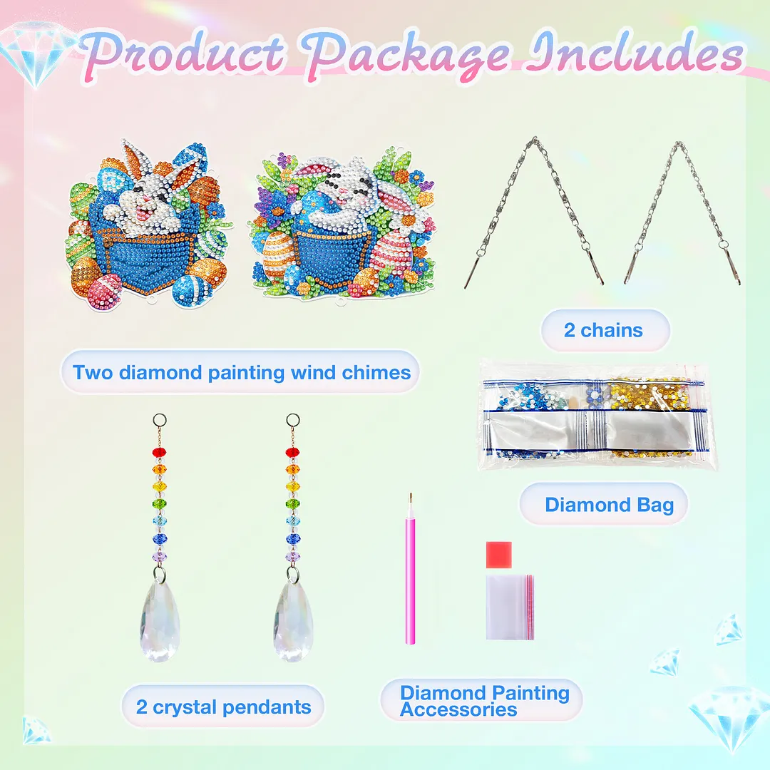 2Pcs Pocket Rabbit DIY Acrylic Diamond Painting Art Wind Chimes with Crystal Pendant Diamond Art Hanging Pendant Double-Sided for Adults Beginners Gift Home Garden Decor