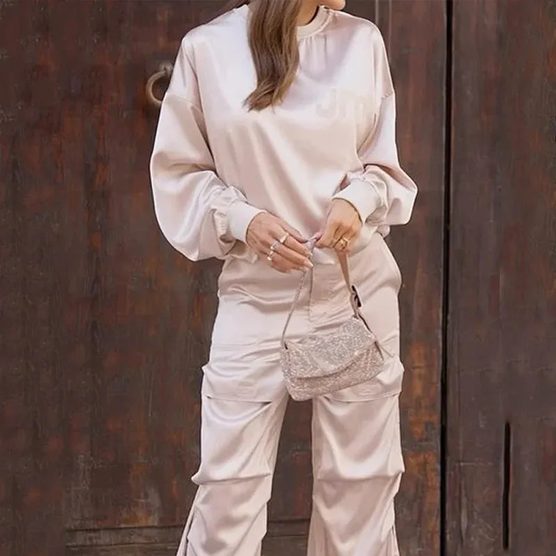 Nigikala Nigikala 2023 New Pure Color Silk Light Round Collar Long Sleeve Top Fashion Cargo Pants Suit