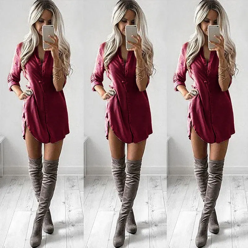 Sexy Shirt Mini Dress Casual Loose Long Sleeve Button Closure Side Slit Breathable Blouse 2021 Women Summer Vacation Fashion Top
