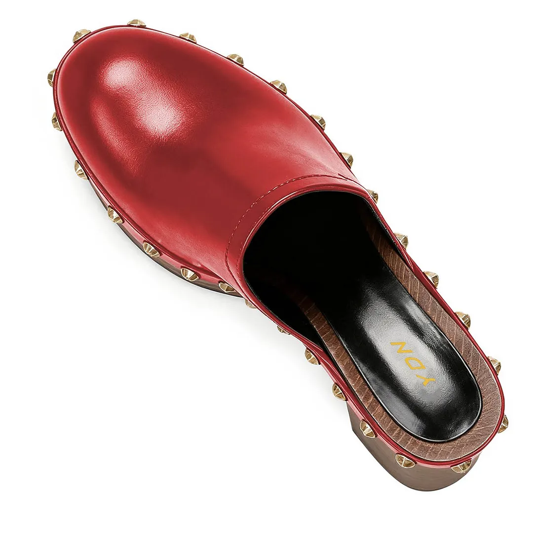 Red Round Toe Platform Chunky High Heel Studded Women's Mules Shoes