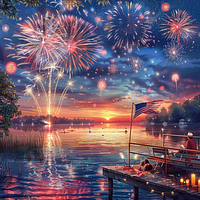 4th of July Fireworks Over Lake - Diamond Painting