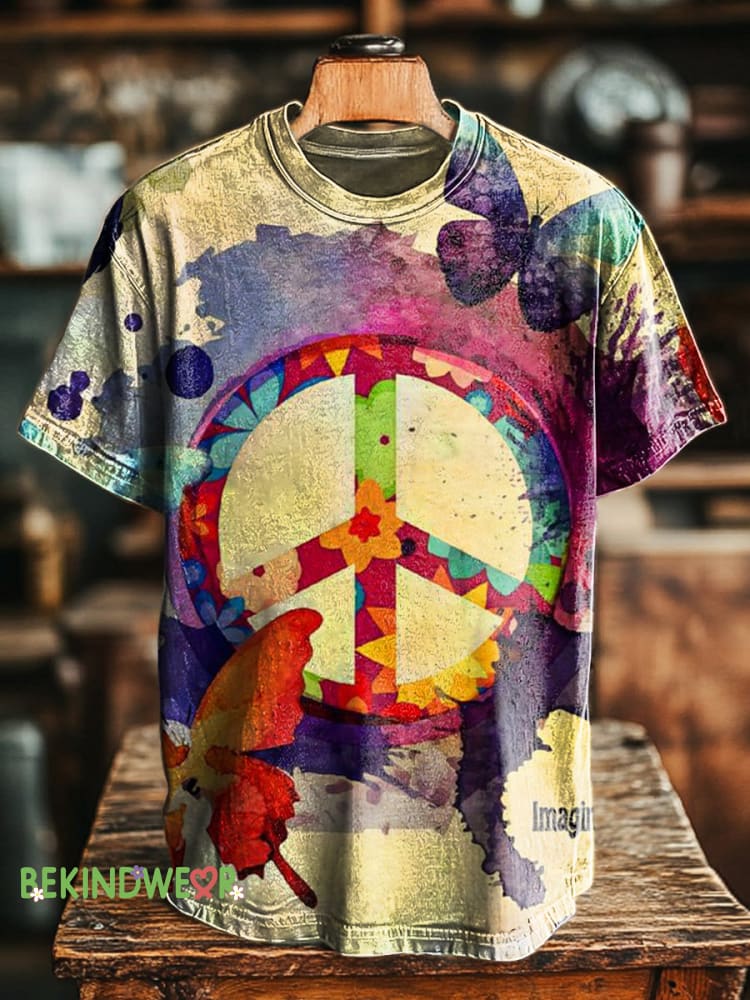 Peace Love Butterfly Gradient Print Casual Crew Neck Short Sleeve T-Shirt Multicolor / S