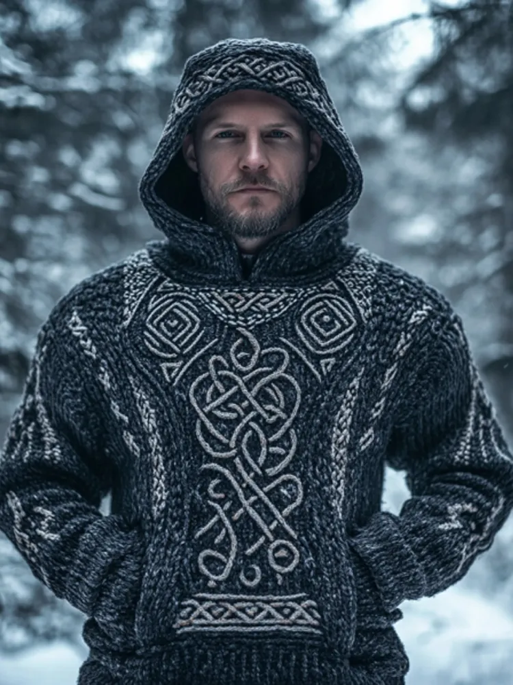 Men's Vintage Viking Inspired Celtic Jacquard Hooded Sweater