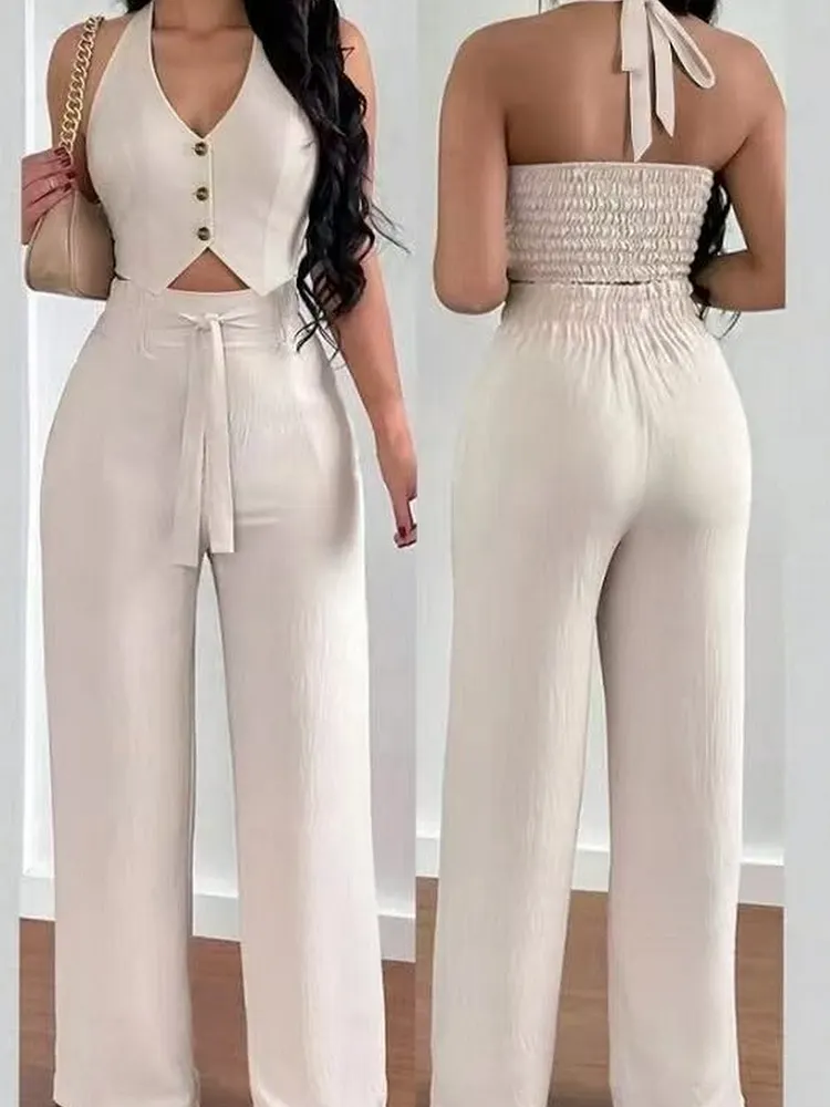 Women's Linen Set with Halter Top and Wide Leg Pants
