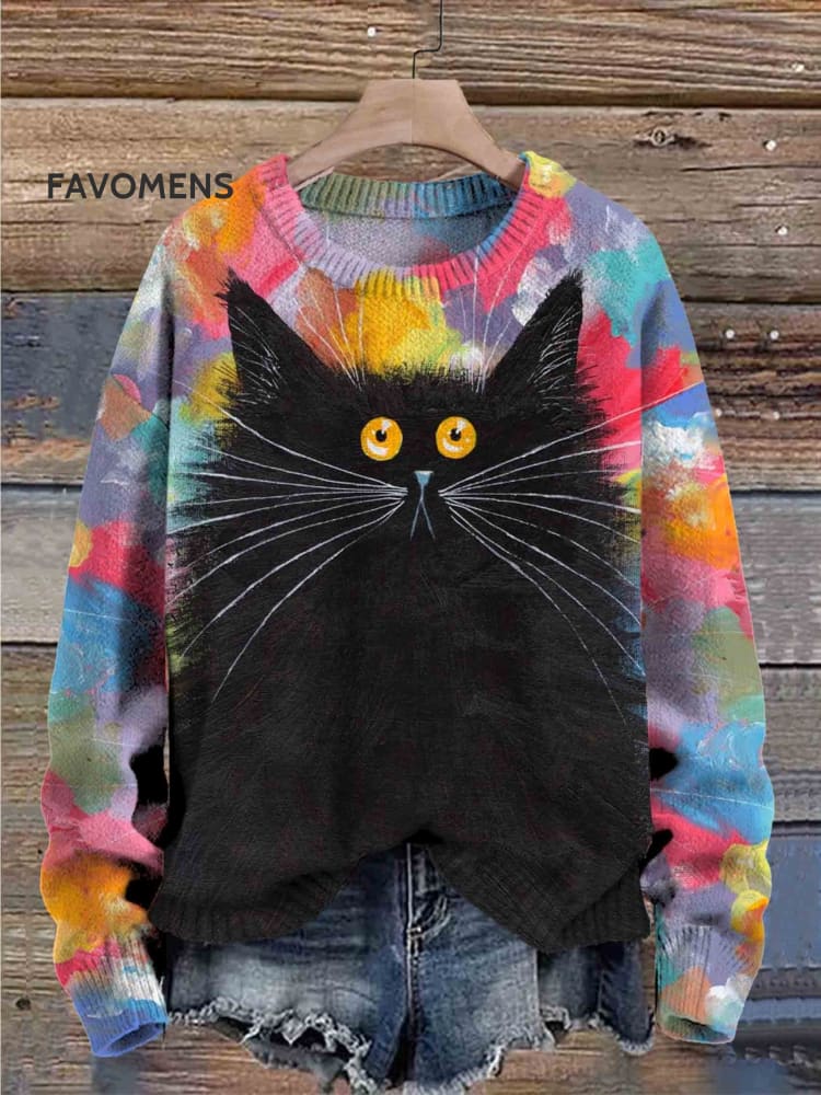 Cute Cat Print Knit Pullover Sweater Multicolor / S