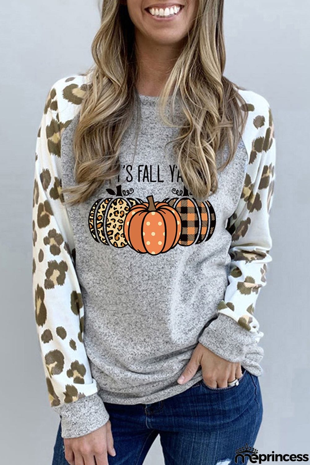 Animal Print Sleeve Halloween Pumpkin Raglan Top