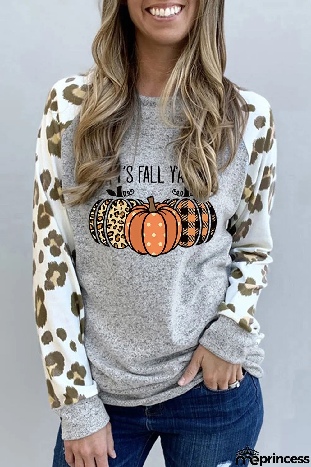 Animal Print Sleeve Halloween Pumpkin Raglan Top