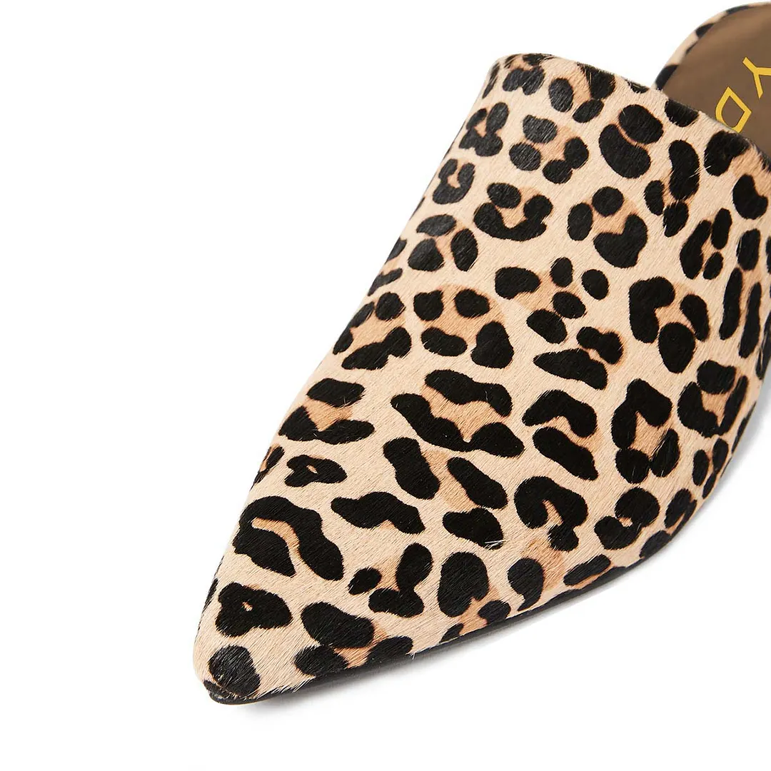 Black & Brown Pointed Toe Chunky Heel Leopard Print Mules Shoes