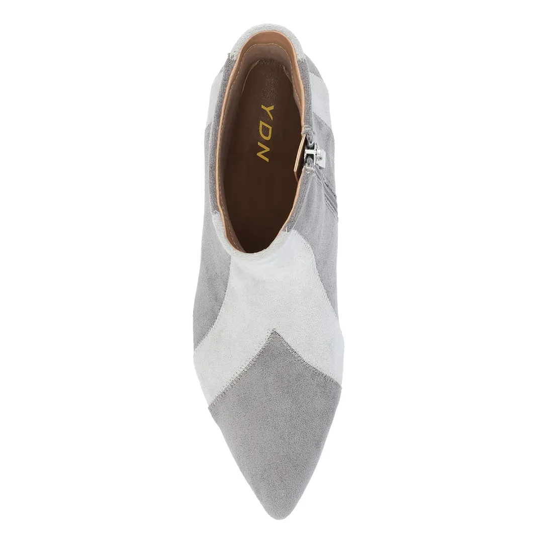 Gray & White Faux Suede Pointed Toe Rhinestone Embellished Ankle Boots