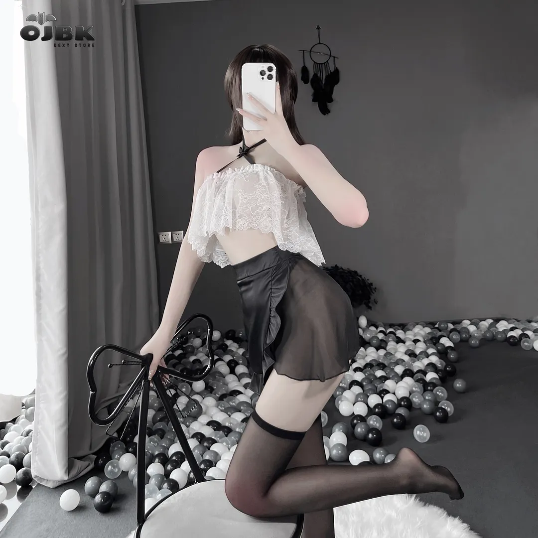 Billionm OJBK Women Sexy Lingerie Secretary Backless Uniform Cosplay Exotic Office Lady Transparent Lace Halter Top Outfit Mini Skirt New