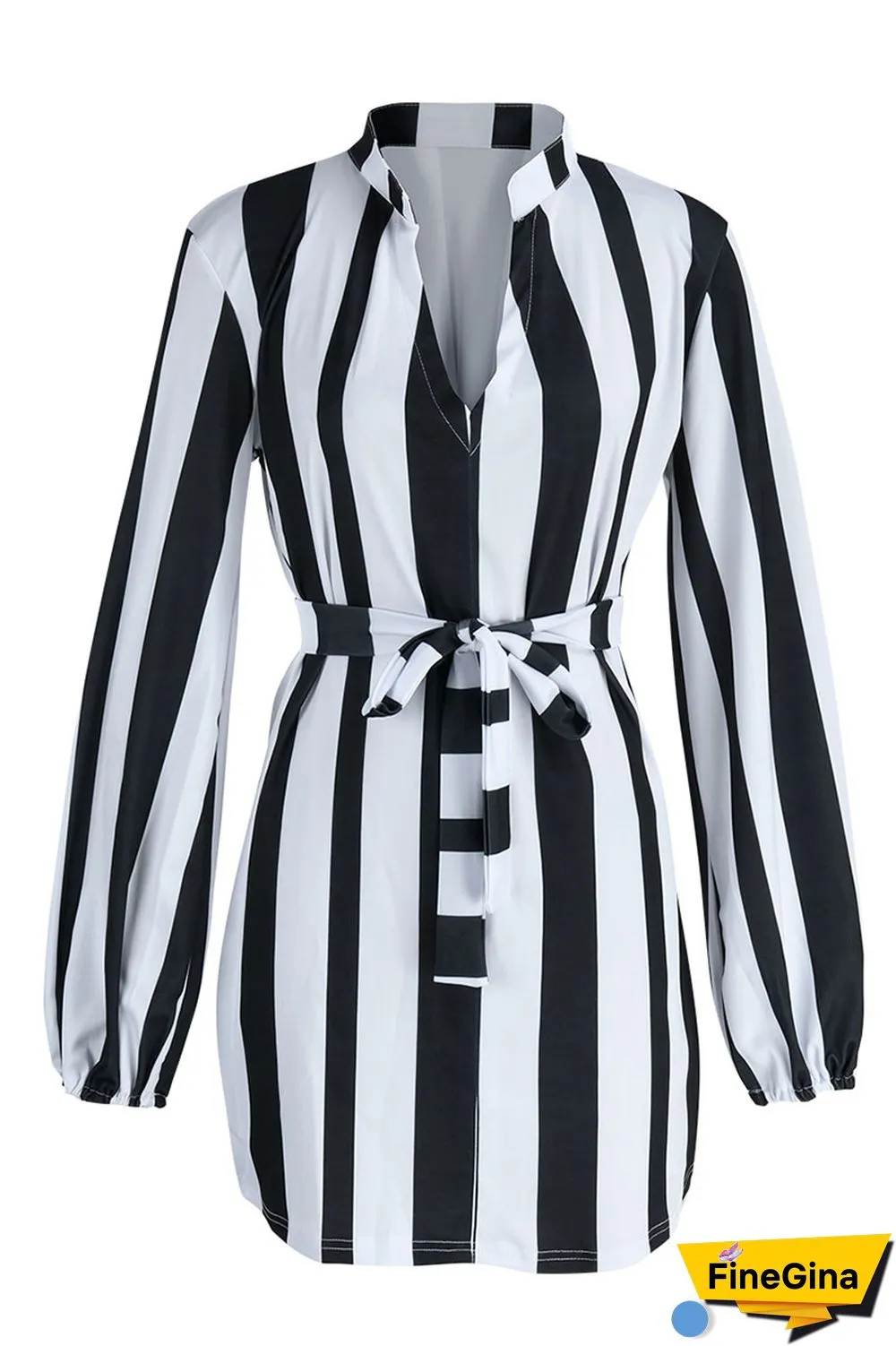 Brown Fashion Casual Striped Print Bandage Patchwork With Belt V Neck Straight Dresses