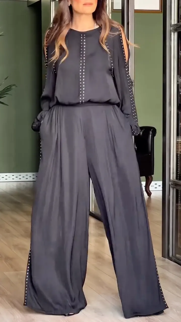 Studded Cold Shoulder Top Wide Leg Pants Set