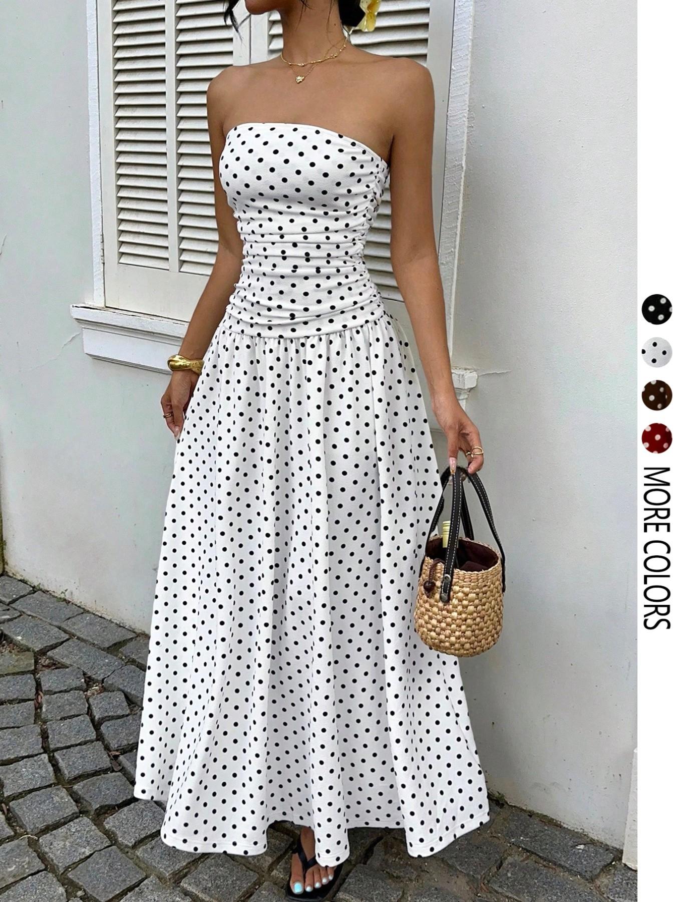 Women's Elegant Chic Fashion Polka Dot Strapless Dress, Stylish Sleeveless Maxi Dress for Parties and Casual Wear