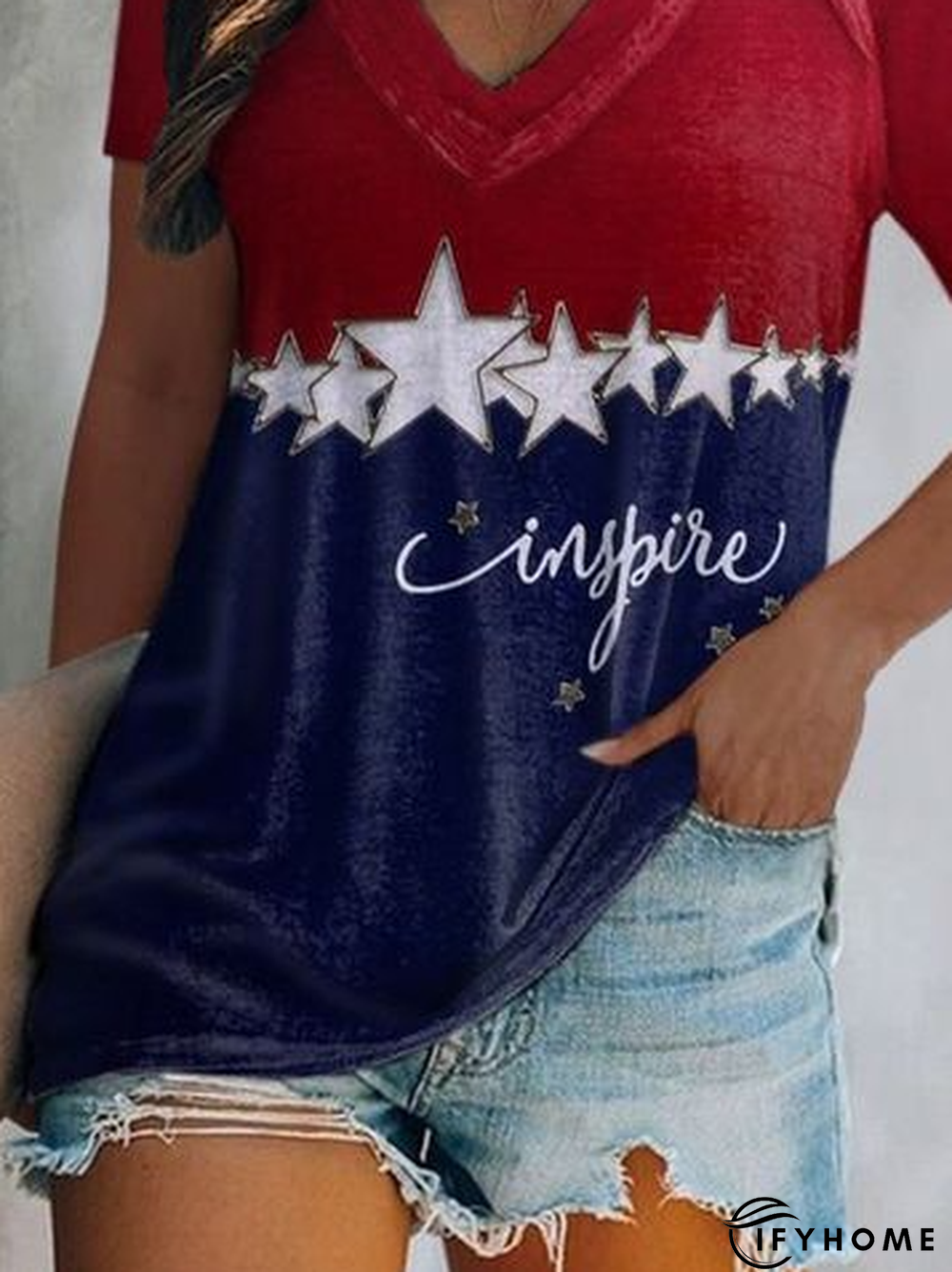 Women's American Festivals Stars Print Casual Color Block Loosen Tunic T-Shirt | IFYHOME