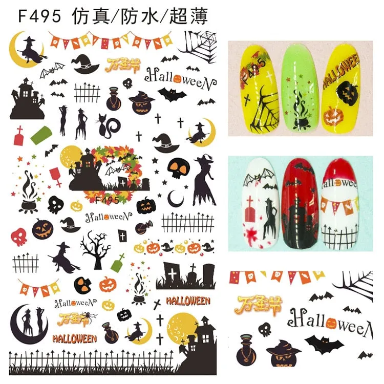 Halloween Nail Art Sticker Ghost Witch Spider Web Pumpkin Nail Decals Sexy Skull Bone Water Transfer Decals Nails Foil Manicure-Nail Inspo