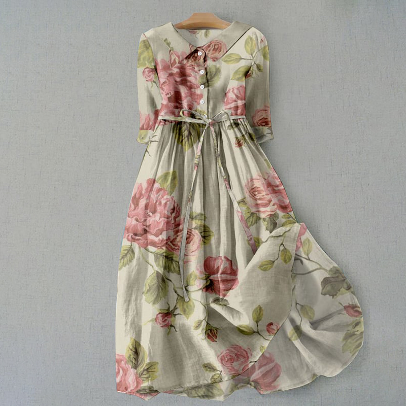 Elegant Botanical Floral Design Print Lace-up Casual Midi Dress artswardrobe
