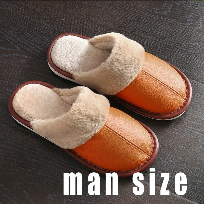 Men's Slippers Winter Genuine Leather Slippers for Men Warm Plush Slippers Large Size 45-46 Home Slippers Comfy House Shoes