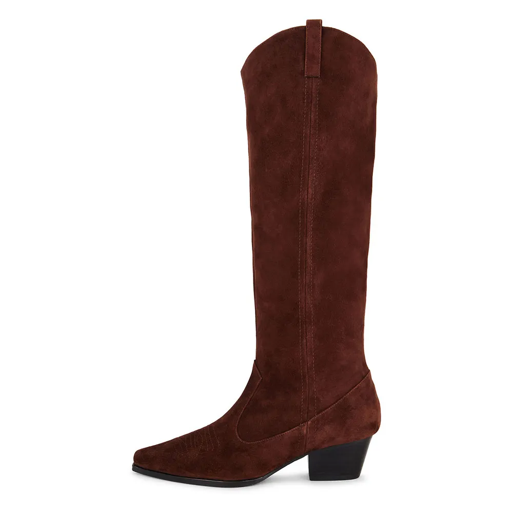 Dark Brown Vegan Suede Pointed Toe Chunky Heel Knee High Cowgirl Boots