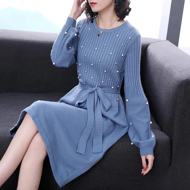 Suofun Casual Loose 2021 Fashion Women Wool Knitted Sashes Beading Knee-Length O-Neck Lantern Sleeve Autumn Women Sweater Dress