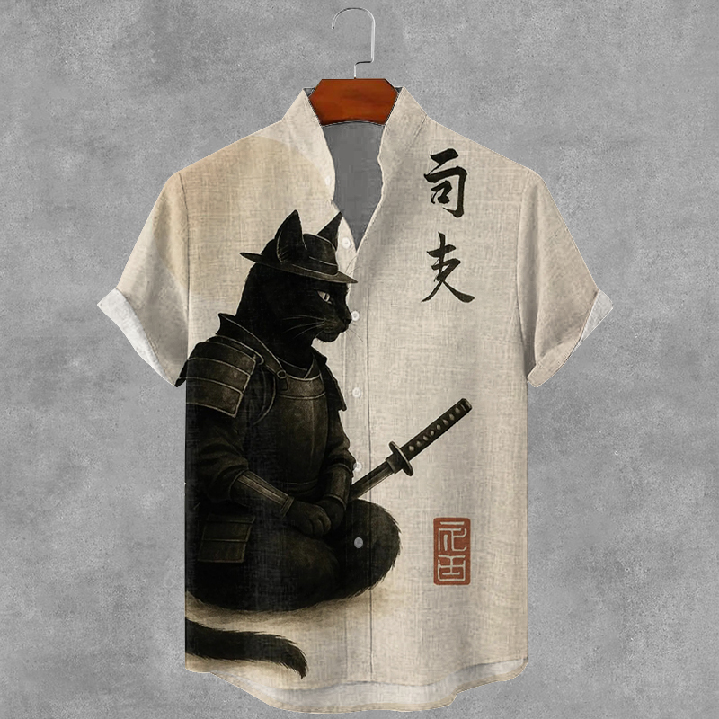 Men's Vintage Japanese Art Samurai Cat Print Short Sleeve Shirt elevenforest